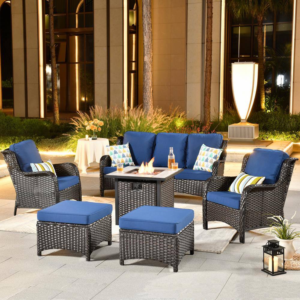New Kenard Brown 6-Piece Wicker Patio Fire Pit Conversation Seating Set with Navy Blue Cushions price history on PriceWatchPro