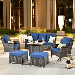 New Kenard Brown 6-Piece Wicker Patio Fire Pit Conversation Seating Set with Navy Blue Cushions