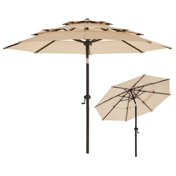 PASAMIC 9 ft. 3-Tiers Aluminum Market Umbrella Outdoor Patio Umbrella Push Button Tilt Fade Resistant in Beige