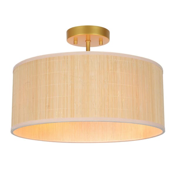 Zenith 16 in. 4-Light Gold Drum Semi Flush Mount Ceiling Light with Natural Rattan Textured Shade