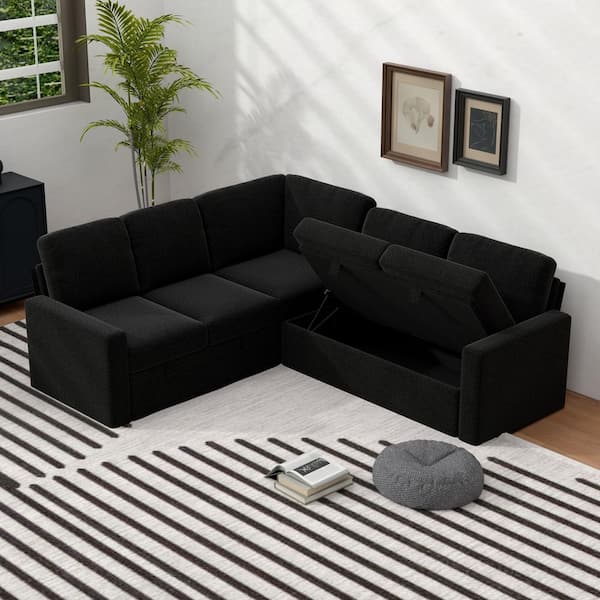 80 in. 5-Seat Chenille L-Shaped Sectional Sofa Sleeper with Pull-Out Sofa Bed & Hide Storage in. Black