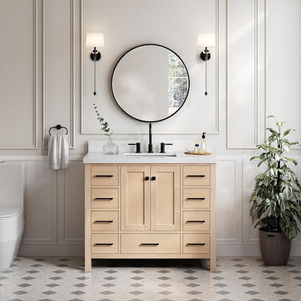 ARIEL Cambridge 43 in. W x 22 in. D x 36 in. H Single Freestanding Bath Vanity in Oak with Pure White Quartz Top