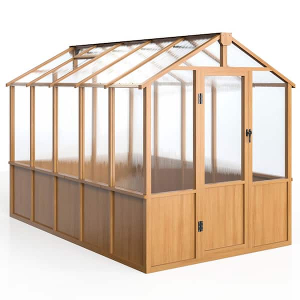 6 ft. W x 10 ft. D Wooden Polycarbonate Greenhouse with Lockable Door and Adjustable Vent, Greenhouse with for Outdoor