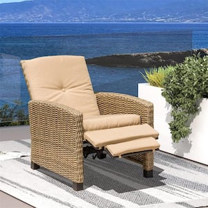 Wicker Indoor and Outdoor Recliner, All-Weather Reclining Patio Chair with Khaki Cushion