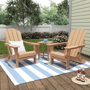 Laguna 3-Piece Fade Resistant Outdoor Patio HDPE Poly Plastic Folding Adirondack Chair Set with Side Table in Teak