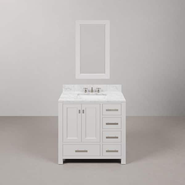 Water Creation Madison 36in.W x21.5in.D x34in.H Single Sink Bath Vanity in Pure White with Carrara White Marble Top, Faucet and Mirror