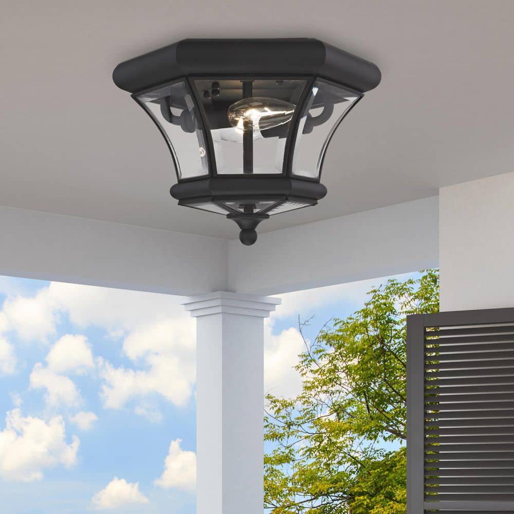 Black Brass 2-Light Outdoor Flush Mount with Clear Glass
