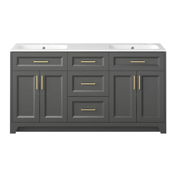 60 in. Freestanding Dark Gray Bath Vanity Solid Wood Cabinet with White Solid Surface Top and Double Basin Assembled