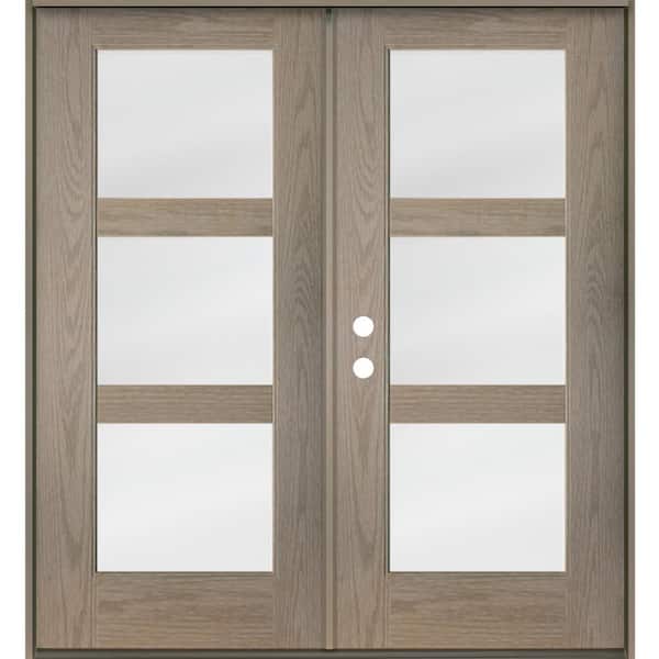 Modern 72 in. x 80 in. 3-Lite Right-Active/Inswing Satin Glass Oiled Leather Stain Double Fiberglass Prehung Front Door