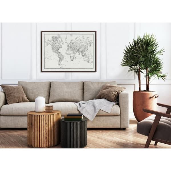 Sylvie "Vintage Black and White World Map" by The Creative Bunch Studio Brown Framed Art Print 38 in. x 28 in.