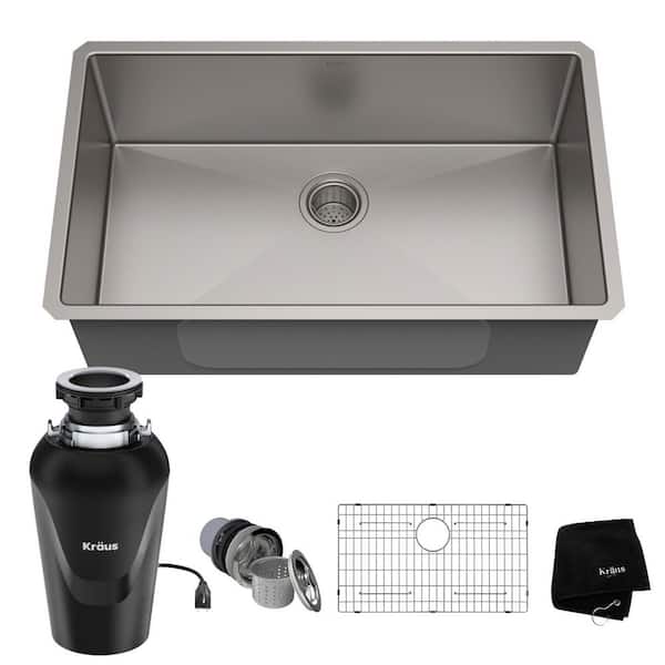 KRAUS Standart PRO 32" Undermount Single Bowl Stainless Steel Kitchen Sink with WasteGuard Continuous Feed Garbage Disposal