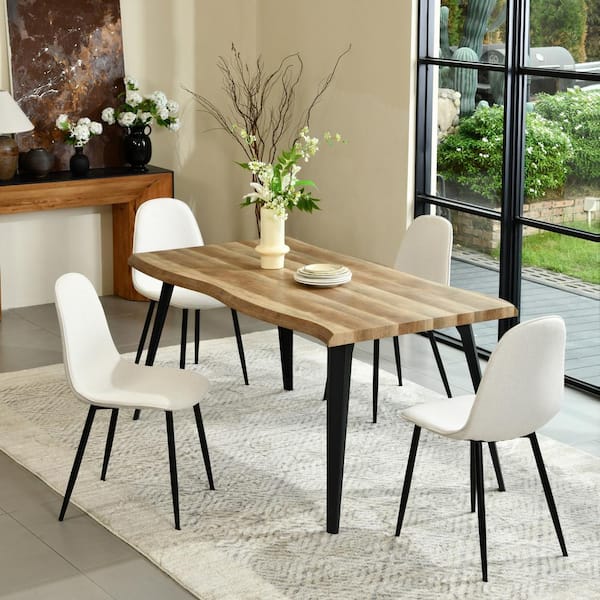 LAHAR 5-Piece Modern Farmhouse Dining Set-Walnut Edge Table with Ivory Fabric Ergonomic Chairs