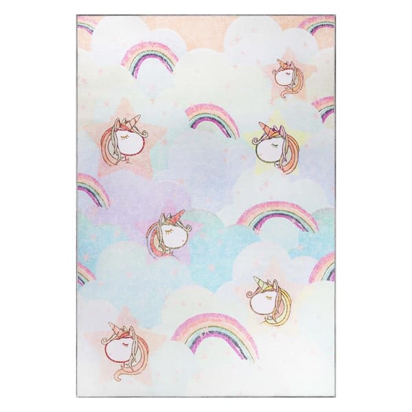 Rainbow Unicorn Turquoise 5 ft. x 7 ft. 6 in. Kids Non-Slip Area Rug