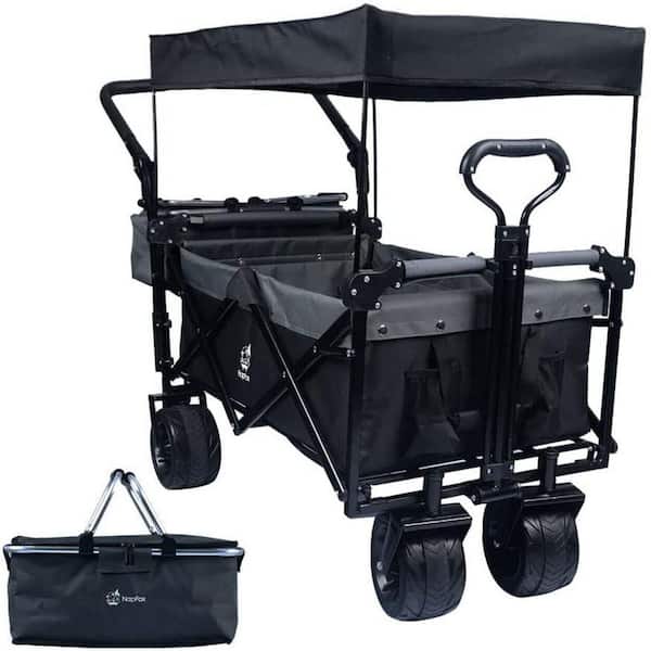 5 cu. ft. Steel Garden Cart Collapsible Wagon with Removable Canopy and Grey Inner in Black