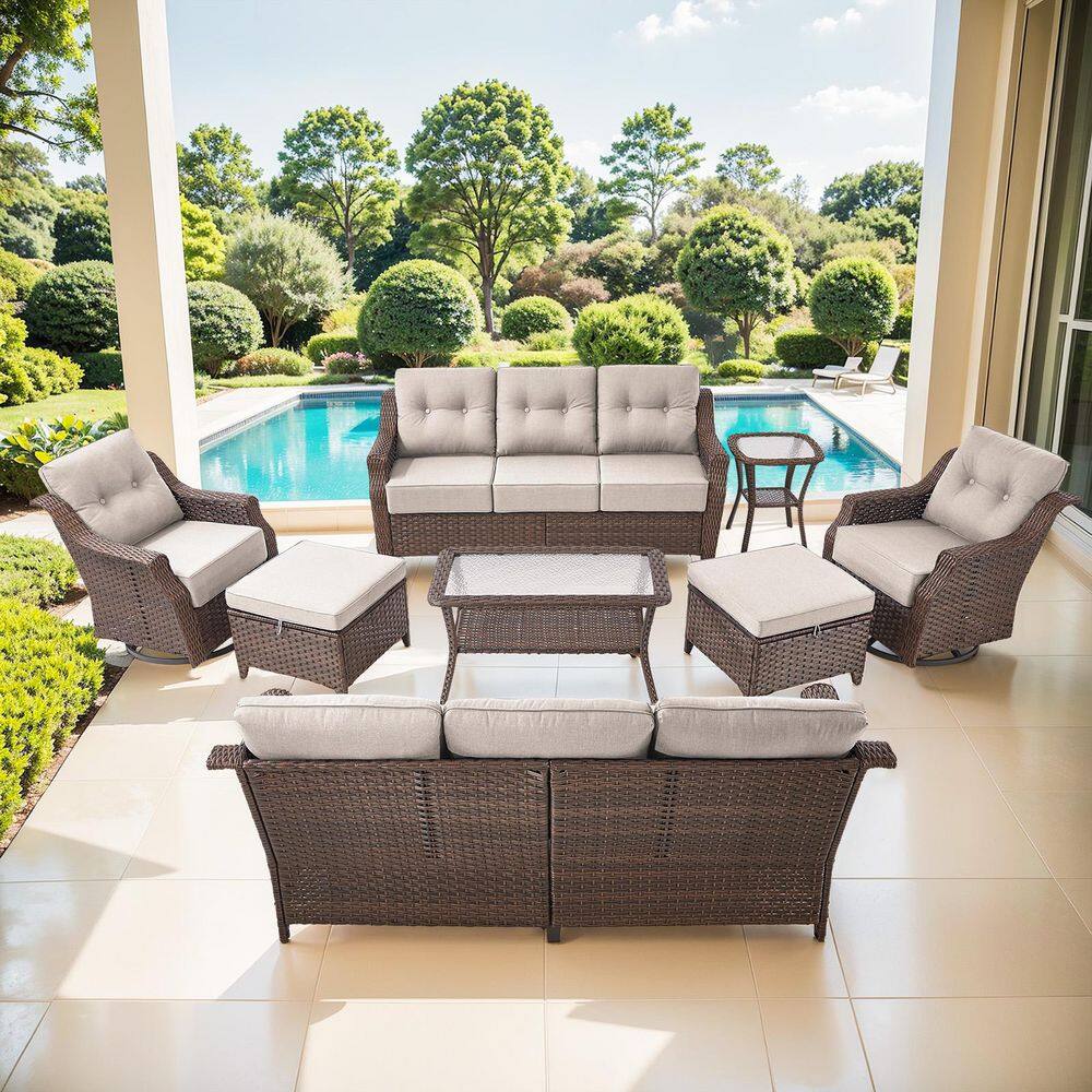 Modern Farmhouse 8-Piece Brown Wicker Patio Conversation Set with 6 In. Beige Cushions/3-Seat Sofa with Swivel Chairs price history on PriceWatchPro