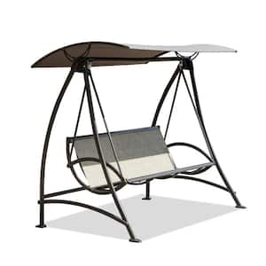 3-Person Black Metal Patio Swing with Dark Brown Seat, Adjustable Canopy