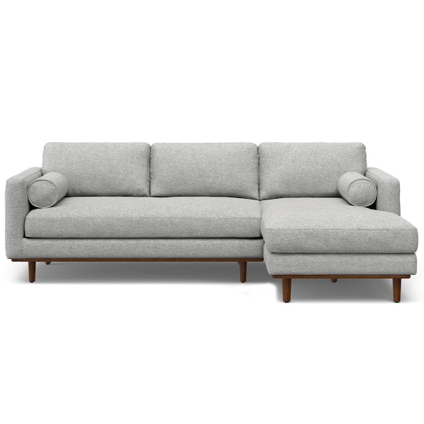 Simpli Home Morrison 102 in. Straight Arm Mid-Century Modern Woven-Blend Fabric L-Shaped Wide Sofa in. Mist Grey