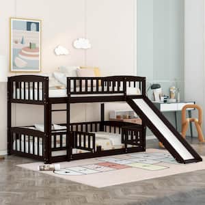 Espresso Twin over Twin Wooden Low Bunk Bed with Fence, Slide, and Ladder