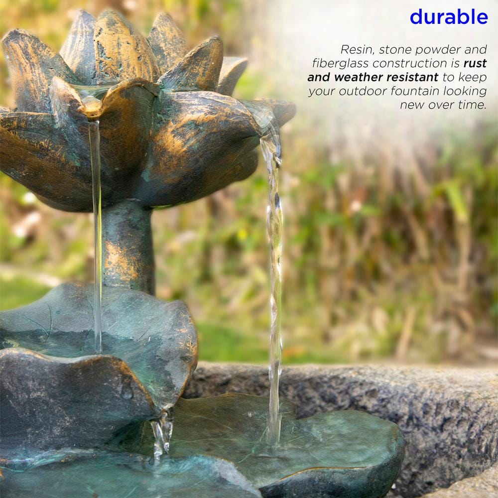 Solar Powered Brown Polyresin Lotus Rock Fountain with LED Lights
