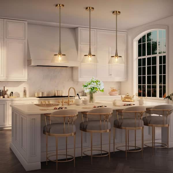 Quoridan Brass Modern Drum Kitchen Pendant Light with Seeded Glass Modern 1-Light Living Dining Room Island Chandelier