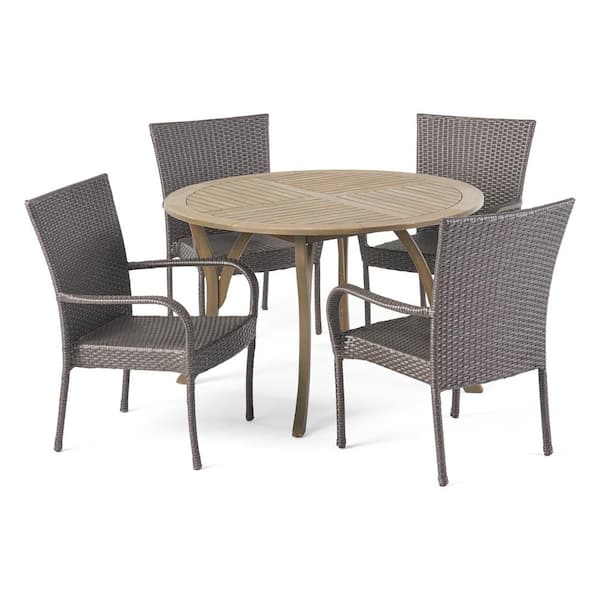 Noble House Collins Gray 5-Piece Wood and Faux Rattan Outdoor Dining Set