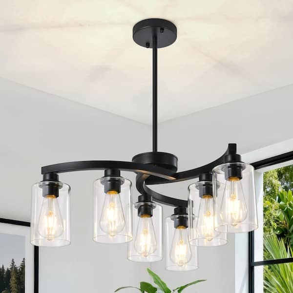 6-Light Modern Farmhouse Black Chandelier with Clear Glass Shade for Kitchen Island Dining Room