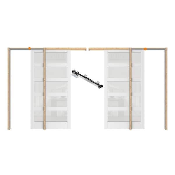 TENONER 60 in. x 80 in. Double Door, White Primed Composite 5-Lite Frosted Glass Pocket Door with Soft Close, Frame and Hardware