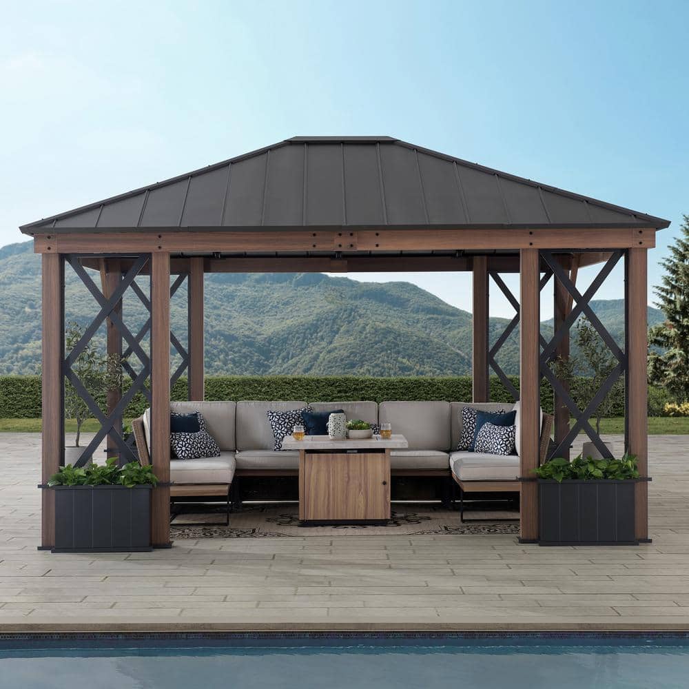Sunjoy 12x20 Metal Carports, Outdoor Living Pavilion, Gazebo with Ceiling  Hook and Fabric Enclosure
