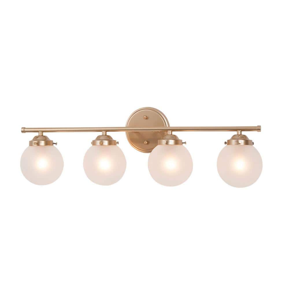 26.5 in. 4-Light Gold Vanity Light with White Globe Glass Lampshades