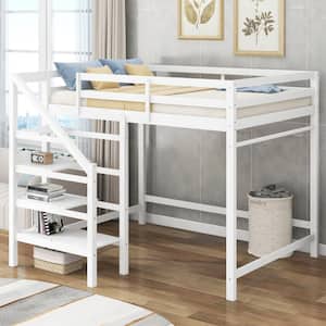White Full Size Loft Bed with Built-in Storage Staircase and Hanger