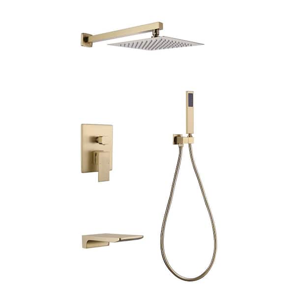 AIMADI Single Handle 1-Spray Wall Mounted Tub and Shower Faucet 1.8 GPM Waterfall Shower System in. Brushed Gold Valve Included