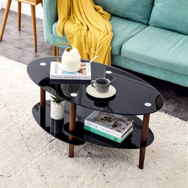 35.43 in. Modern Black Oval Tempered Glass Coffee Table with 3-Tier Design & Brown Oak Wood Legs for Living Room