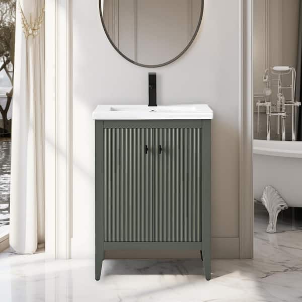 Vanity Art 24 in. W x 18.5 in D x 34 in. H Single Sink Bathroom Vanity Cabinet in Linear Vintage Green with Ceramic Top
