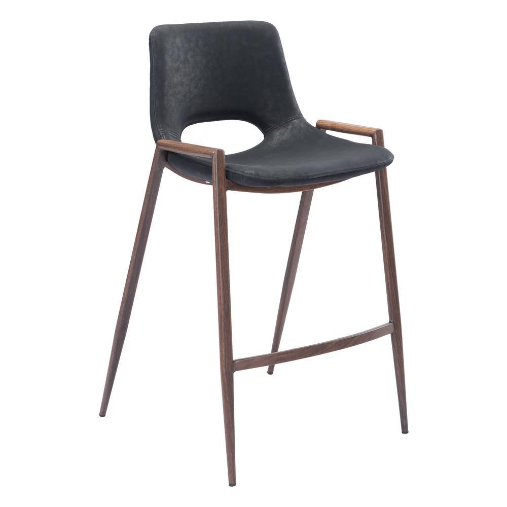 Black Leather and Walnut Wood Counter Stools, Set of 2