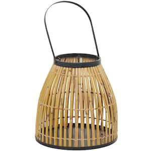 13 in. H Brown Wicker Handmade Slatted Frame Decorative Candle Lantern with Handle
