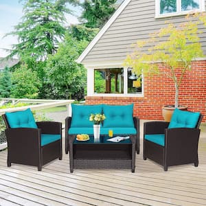 4-Pieces Outdoor Conversation Set Patio PE Rattan Set with Glass Table & Sofa Cushions Turquoise