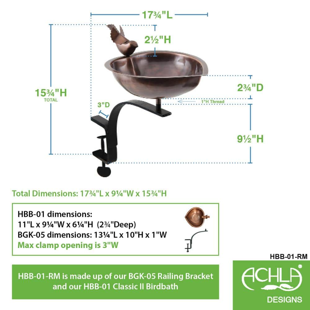 15.7" Copper Heart Shaped Birdbath with Iron Rail Mount
