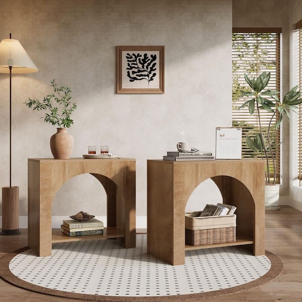 Kerlin 27.56 in. Brown Rectangular Wood End Table with 2 Storage Shelves