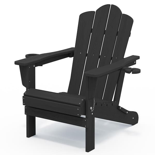 Classic Outdoor HDPE Folding Plastic Adirondack Chair with 2 Cup Holders in Black (Set of 1)