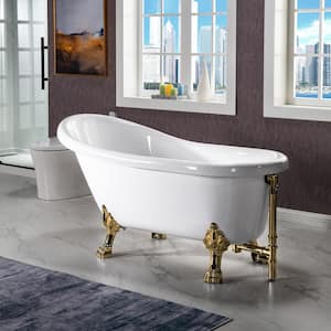 Eurek 59" Heavy Duty Acrylic Slipper Clawfoot Bath Tub in White,Claw Feet,Drain and Overflow in Polished Gold