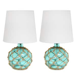 14.75 in. Buoy Rope 2-Pack Nautical Netted Coastal Ocean Sea Glass Table Lamp with White Fabric Shade, Aqua