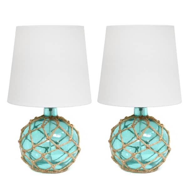Elegant Designs 14.75 in. Buoy Rope 2-Pack Nautical Netted Coastal Ocean Sea Glass Table Lamp with White Fabric Shade, Aqua