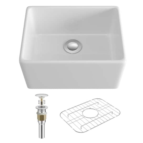 20 in. Apron-Front Single Bowl White Ceramic Farmhouse Sink with Ultra-Glossy Glaze and Trapezoidal Basin