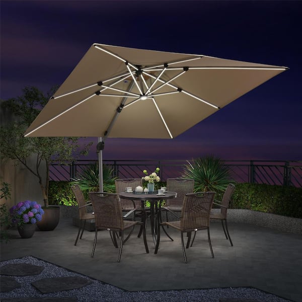 10 ft. Square Aluminum Solar Powered LED Patio Cantilever Offset Umbrella with Base, Beige