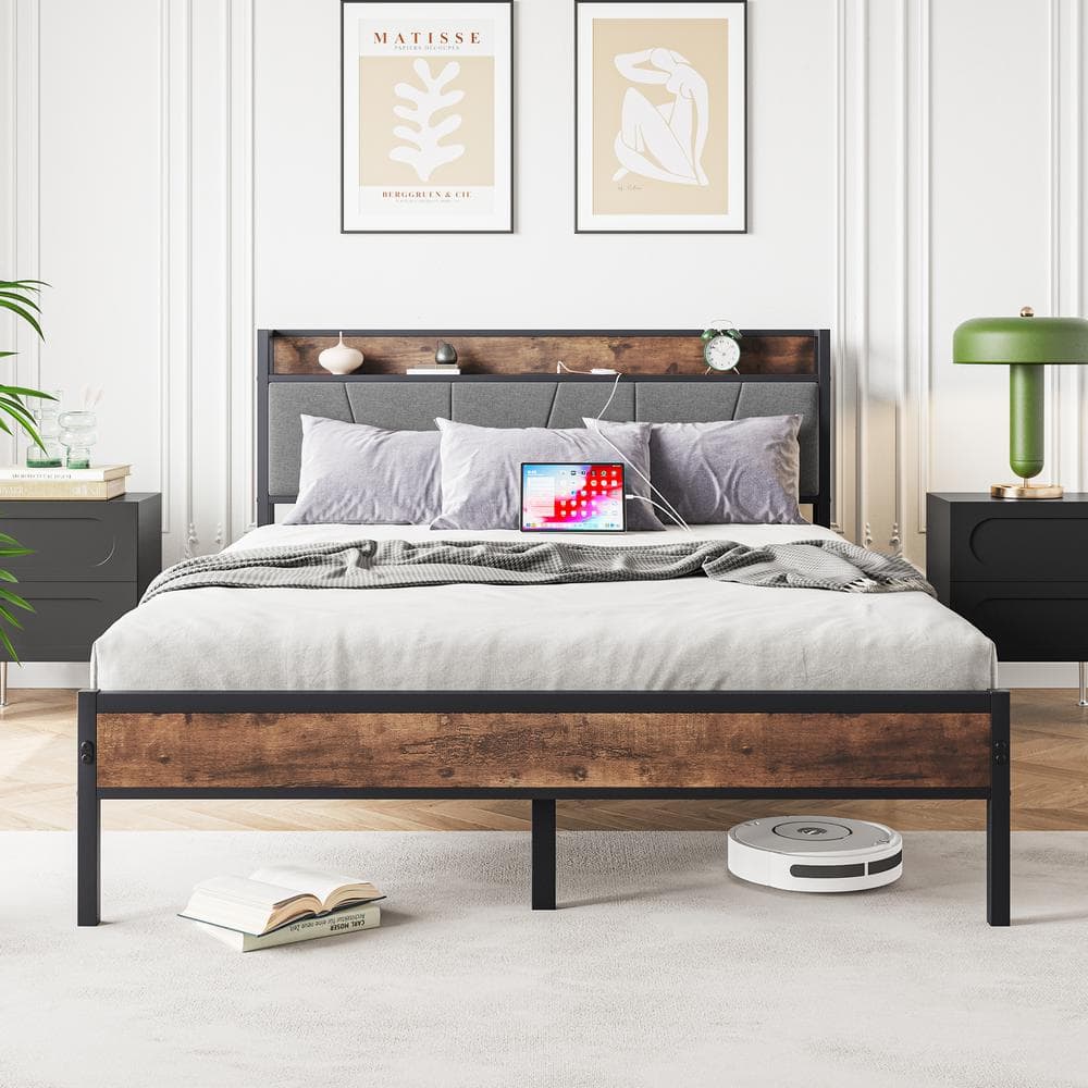 Queen Black Metal Frame Platform Bed with Upholstered Storage Headboard
