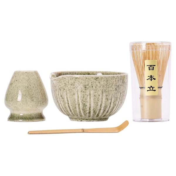 Ceremonial Matcha Tea Set with Porcelain Bowl, Whisk, Scoop and Chasen Holder, 4 Piece Kit for Home or Office