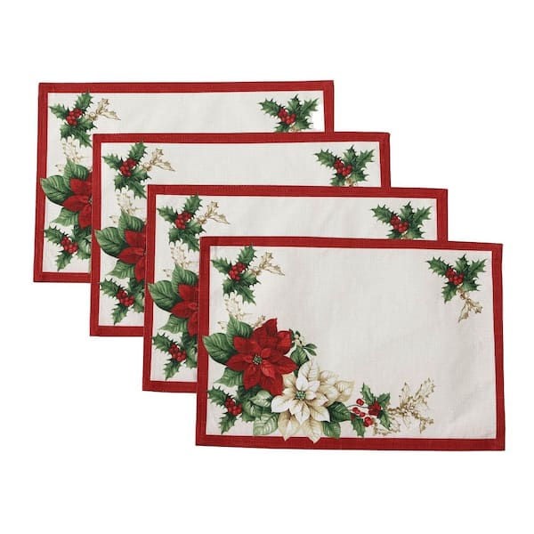 Threadmade Home Red and White Poinsettias Placemat, Set of 4, Multicolor - 13"W x 19"L