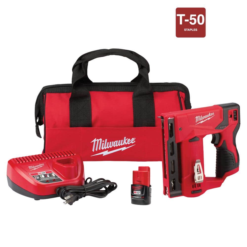 Milwaukee M12 12V Lithium-Ion Cordless 3/8 in. Crown Stapler Kit W/ (1)  1.5Ah Battery, Charger & Bag 2447-21 - The Home Depot