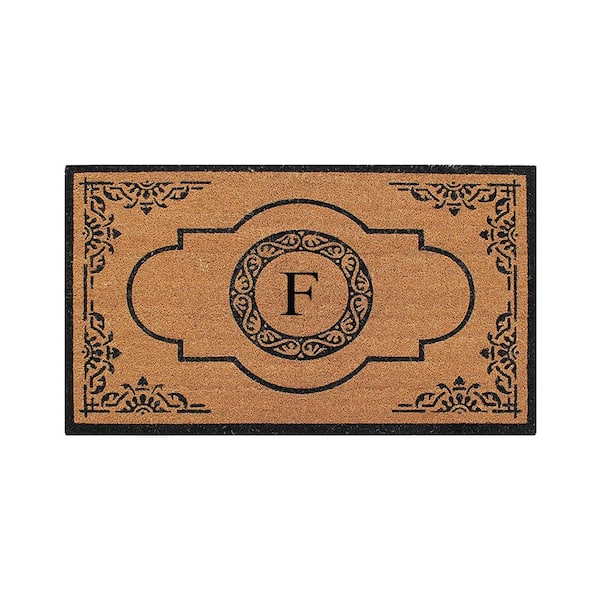 A1 Home Collections A1HC Abrilina Hand Crafted Black/Beige 36 in. x 72 in. Coir & PVC Heavy Weight Outdoor Entryway Monogrammed F Door Mat