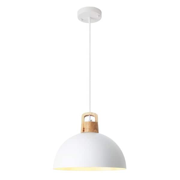 1-Light White Dome Pendant Light Hanging Ceiling Chandelier with Metal Cover for Kitchen Island
